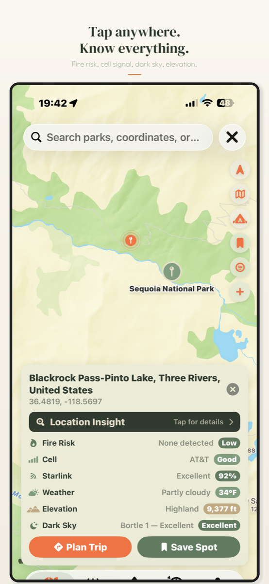 RigSense map with public-land boundaries and location insight