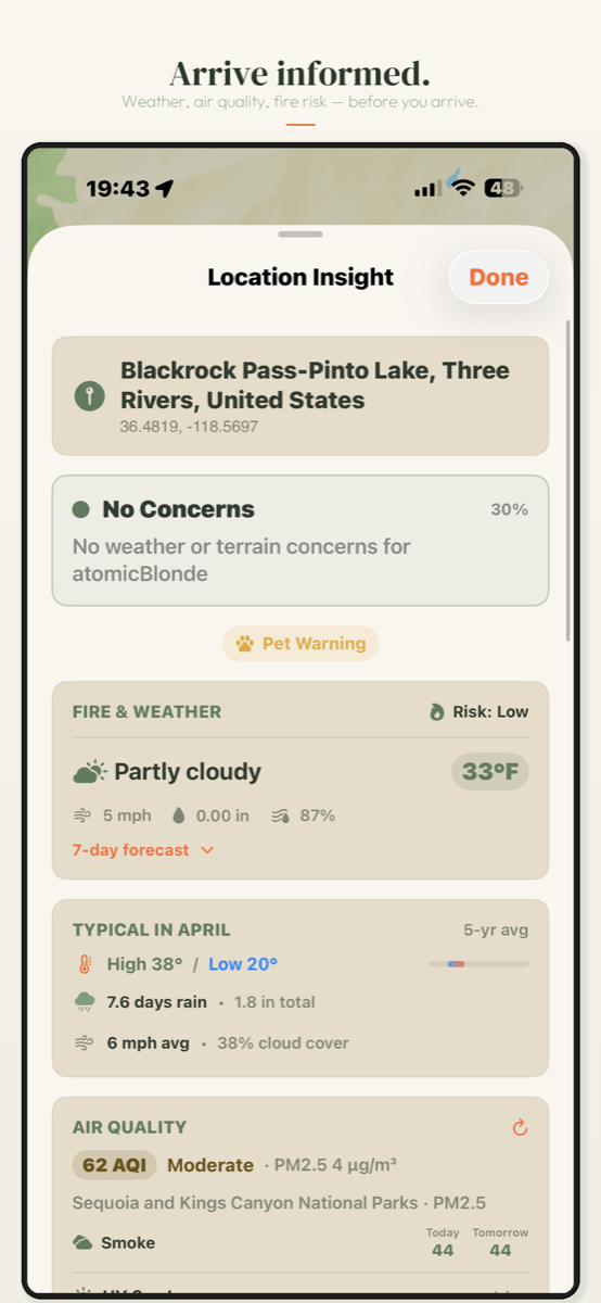 RigSense location insight detail with weather, fire risk, and air-quality data